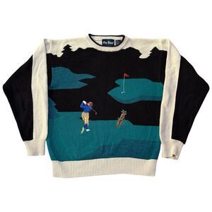 Vintage Par Four Embroidered Golf Scene Knit Sweater Sz M Golfer Green Flag Pin